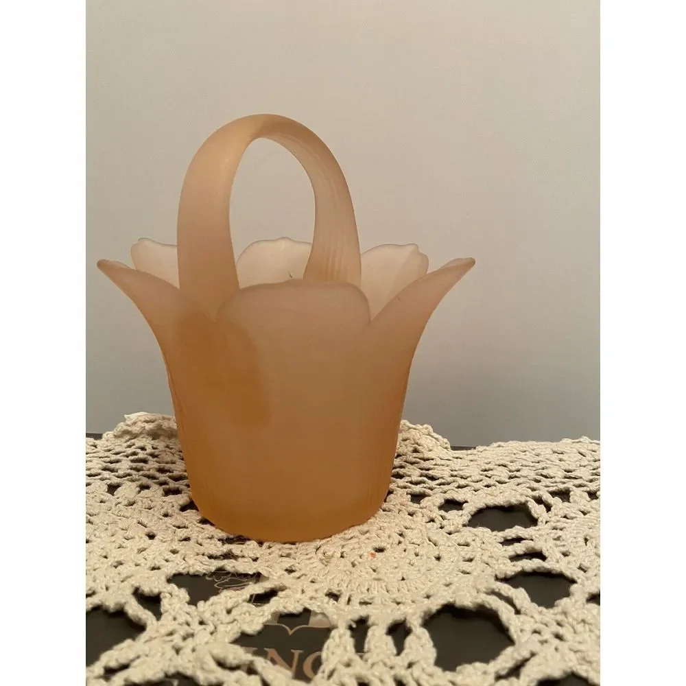 Vintage Mikasa Pink Satin Frosted Glass Tulip Basket Vase w/Handle Made In Japan